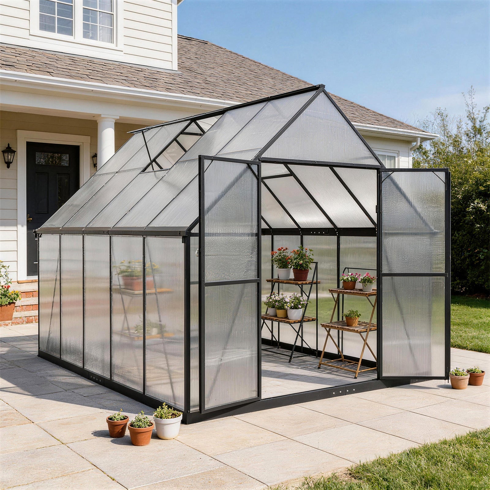 ALAULM Outdoor Polycarbonate Greenhouse with Aluminium Frame, Walk-in Greenhouse with Drainage Channel, 2 Adjustable Roof Vents, Lockable Double Doors for Garden Backyard Patio Lawn