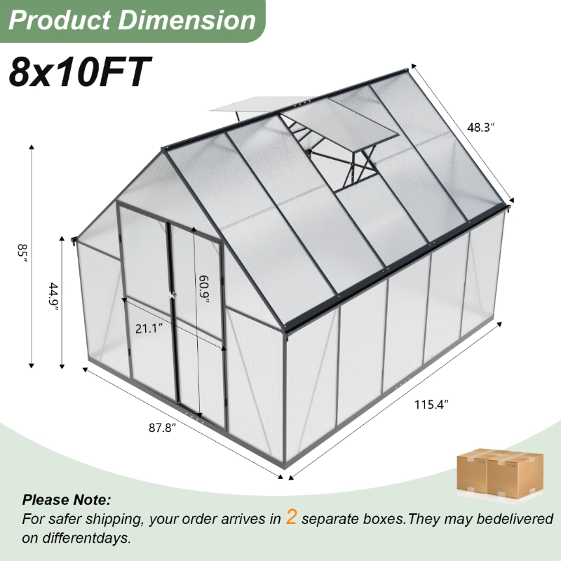 ALAULM Outdoor Polycarbonate Greenhouse with Aluminium Frame, Walk-in Greenhouse with Drainage Channel, 2 Adjustable Roof Vents, Lockable Double Doors for Garden Backyard Patio Lawn