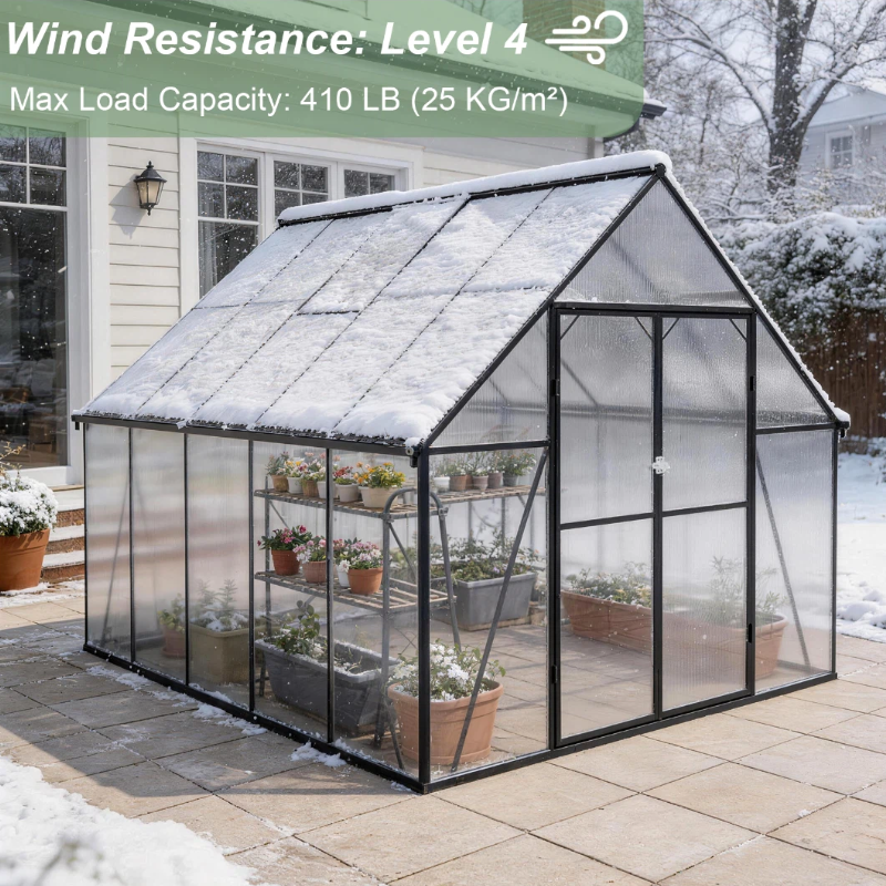 ALAULM Outdoor Polycarbonate Greenhouse with Aluminium Frame, Walk-in Greenhouse with Drainage Channel, 2 Adjustable Roof Vents, Lockable Double Doors for Garden Backyard Patio Lawn