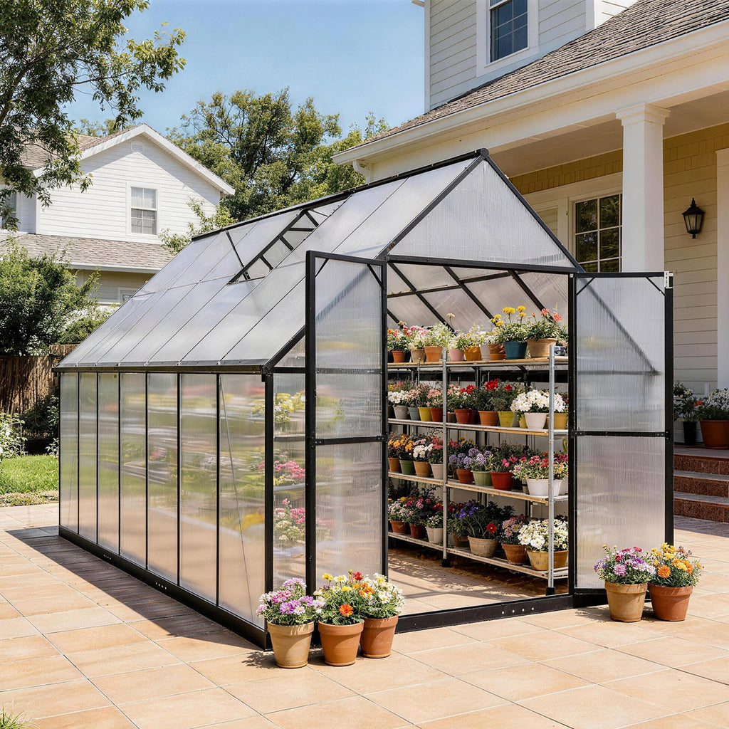 ALAULM Outdoor Polycarbonate Greenhouse with Aluminium Frame, Walk-in Greenhouse with Drainage Channel, 2 Adjustable Roof Vents, Lockable Double Doors for Garden Backyard Patio Lawn