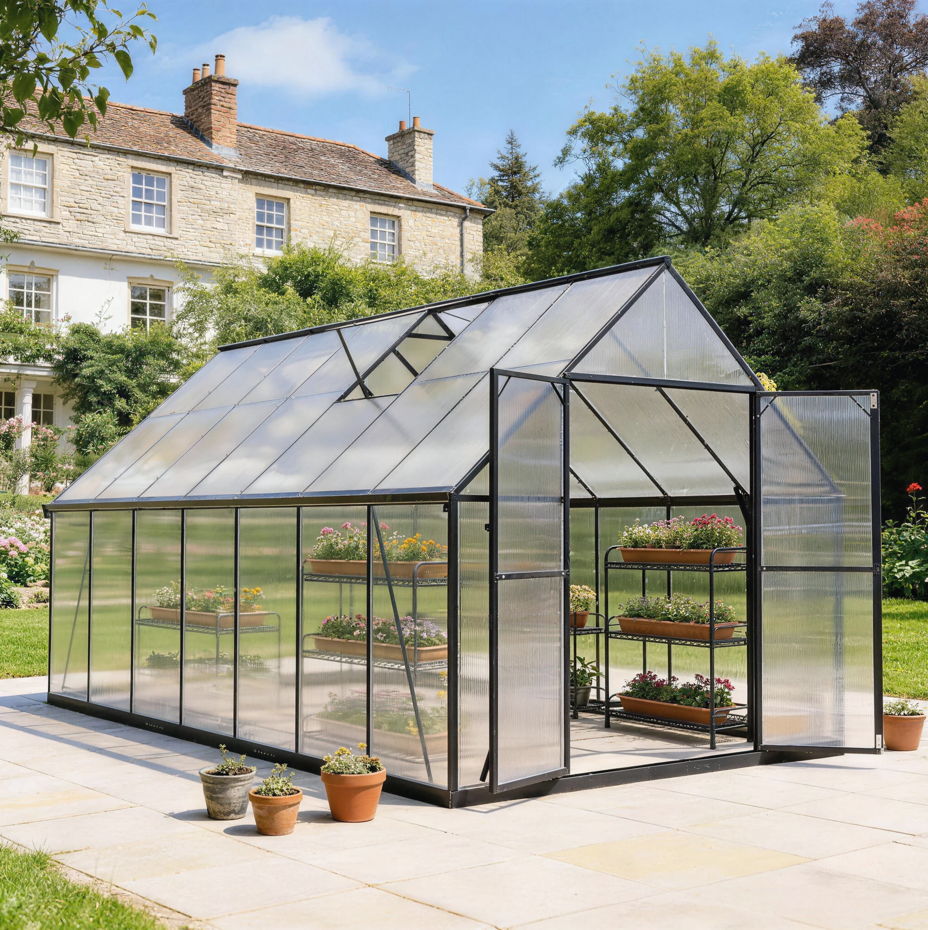 ALAULM Outdoor Polycarbonate Greenhouse with Aluminium Frame, Walk-in Greenhouse with Drainage Channel, 2 Adjustable Roof Vents, Lockable Double Doors for Garden Backyard Patio Lawn