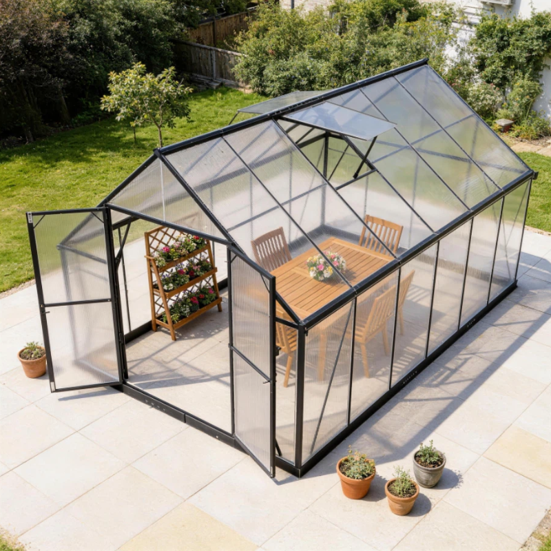 ALAULM Outdoor Polycarbonate Greenhouse with Aluminium Frame, Walk-in Greenhouse with Drainage Channel, 2 Adjustable Roof Vents, Lockable Double Doors for Garden Backyard Patio Lawn
