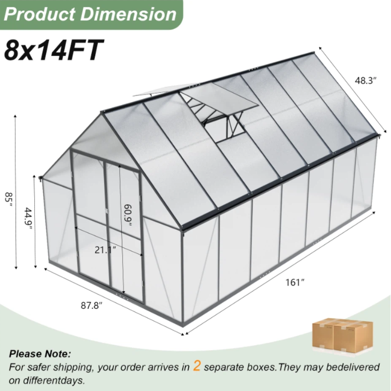 ALAULM Outdoor Polycarbonate Greenhouse with Aluminium Frame, Walk-in Greenhouse with Drainage Channel, 2 Adjustable Roof Vents, Lockable Double Doors for Garden Backyard Patio Lawn