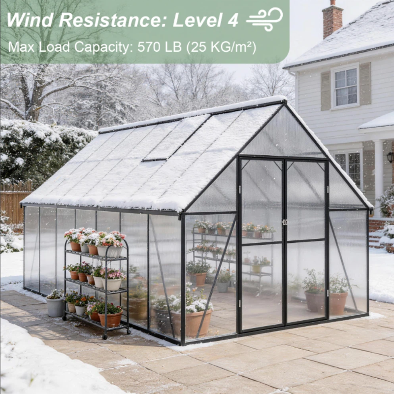 ALAULM Outdoor Polycarbonate Greenhouse with Aluminium Frame, Walk-in Greenhouse with Drainage Channel, 2 Adjustable Roof Vents, Lockable Double Doors for Garden Backyard Patio Lawn