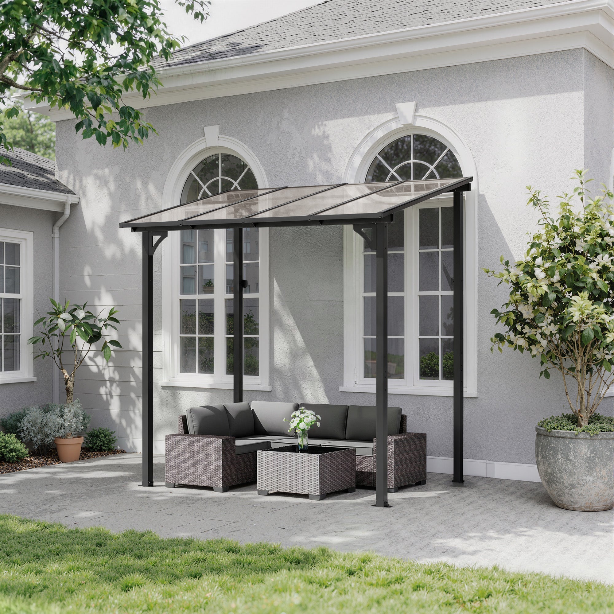 ASJMR Wall Mounted Gazebo with Polycarbonate Roof,Metal Frame Lean to Gazebo With Double Curtains for Garden Lawn Backyard Deck