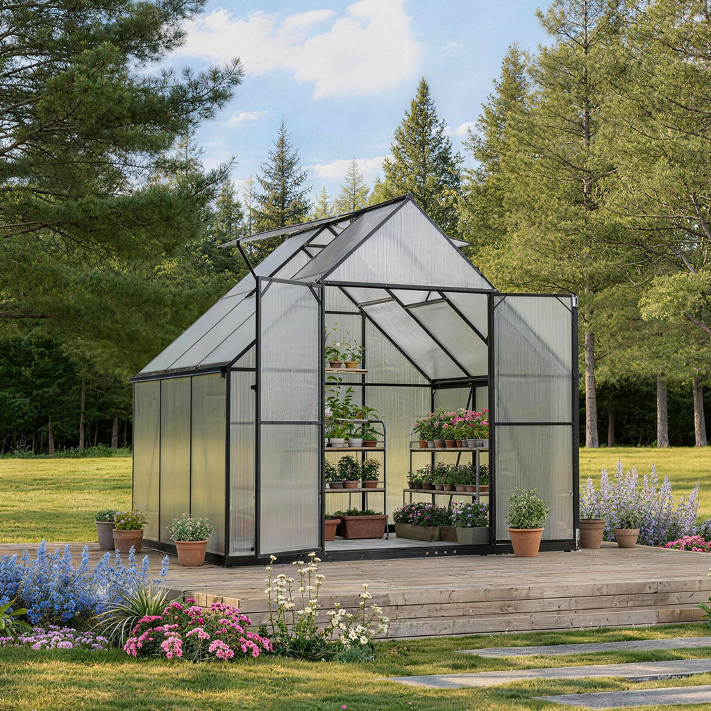 ALAULM Outdoor Polycarbonate Greenhouse with Aluminium Frame, Walk-in Greenhouse with Drainage Channel, 2 Adjustable Roof Vents, Lockable Double Doors for Garden Backyard Patio Lawn