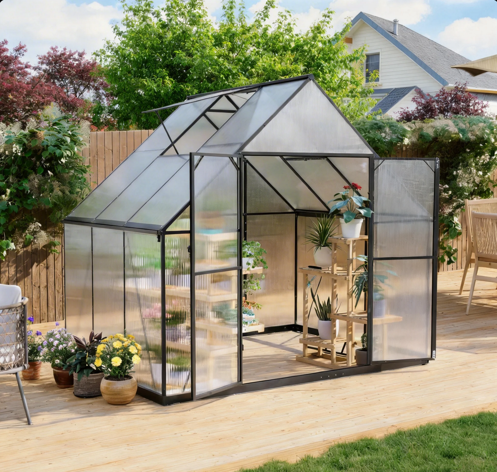 ALAULM Outdoor Polycarbonate Greenhouse with Aluminium Frame, Walk-in Greenhouse with Drainage Channel, 2 Adjustable Roof Vents, Lockable Double Doors for Garden Backyard Patio Lawn