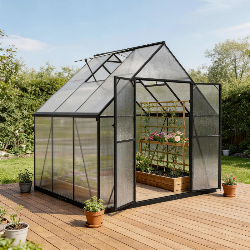 ALAULM Outdoor Polycarbonate Greenhouse with Aluminium Frame, Walk-in Greenhouse with Drainage Channel, 2 Adjustable Roof Vents, Lockable Double Doors for Garden Backyard Patio Lawn