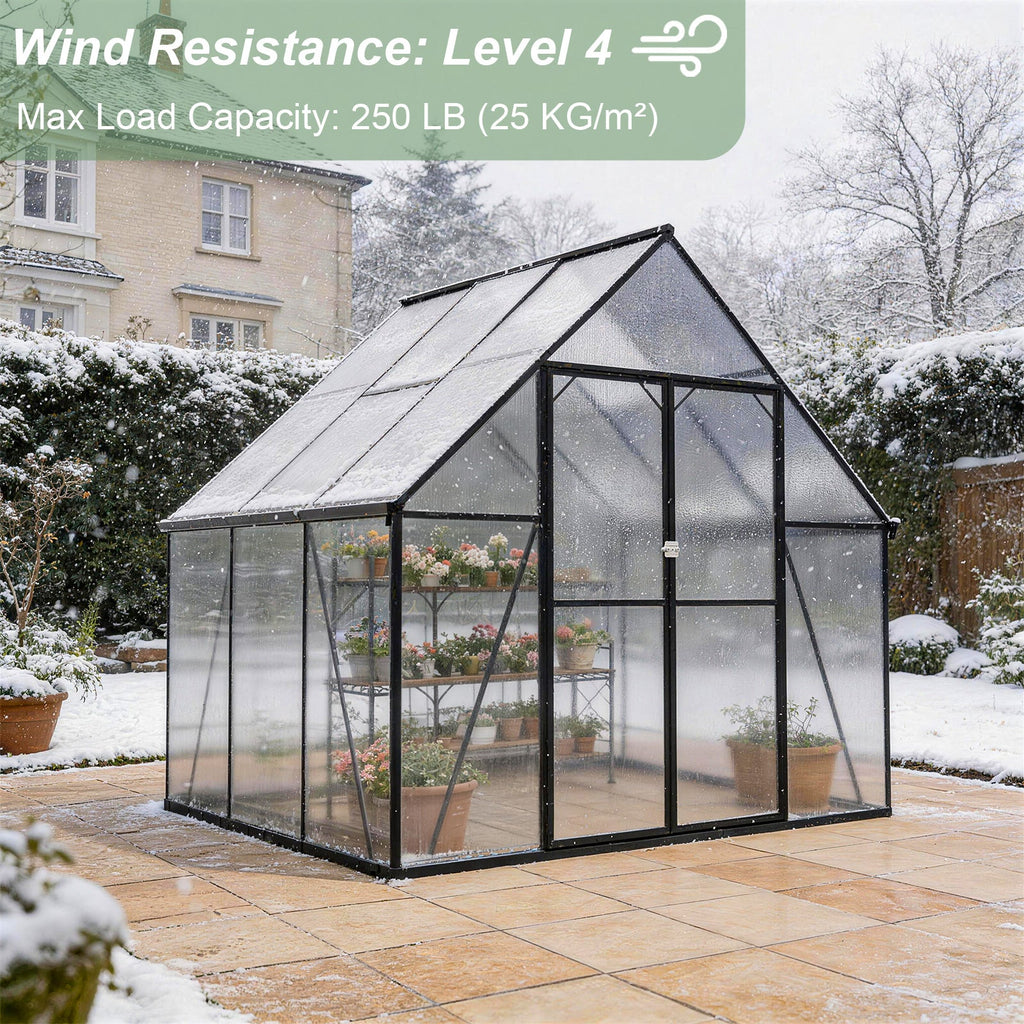 ALAULM Outdoor Polycarbonate Greenhouse with Aluminium Frame, Walk-in Greenhouse with Drainage Channel, 2 Adjustable Roof Vents, Lockable Double Doors for Garden Backyard Patio Lawn