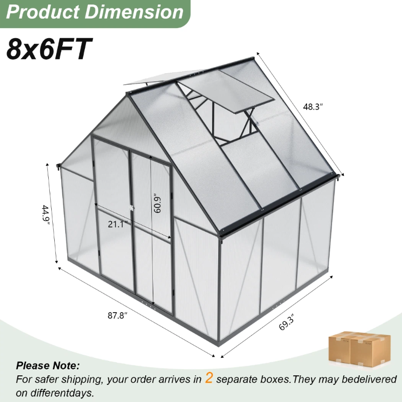 ALAULM Outdoor Polycarbonate Greenhouse with Aluminium Frame, Walk-in Greenhouse with Drainage Channel, 2 Adjustable Roof Vents, Lockable Double Doors for Garden Backyard Patio Lawn