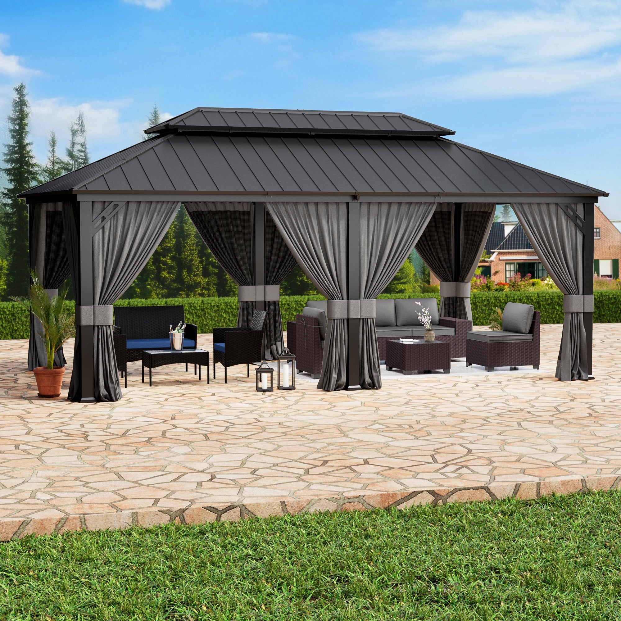 ASJMR Wall Mounted Gazebo with Polycarbonate Roof,Metal Frame Lean to Gazebo With Double Curtains for Garden Lawn Backyard Deck