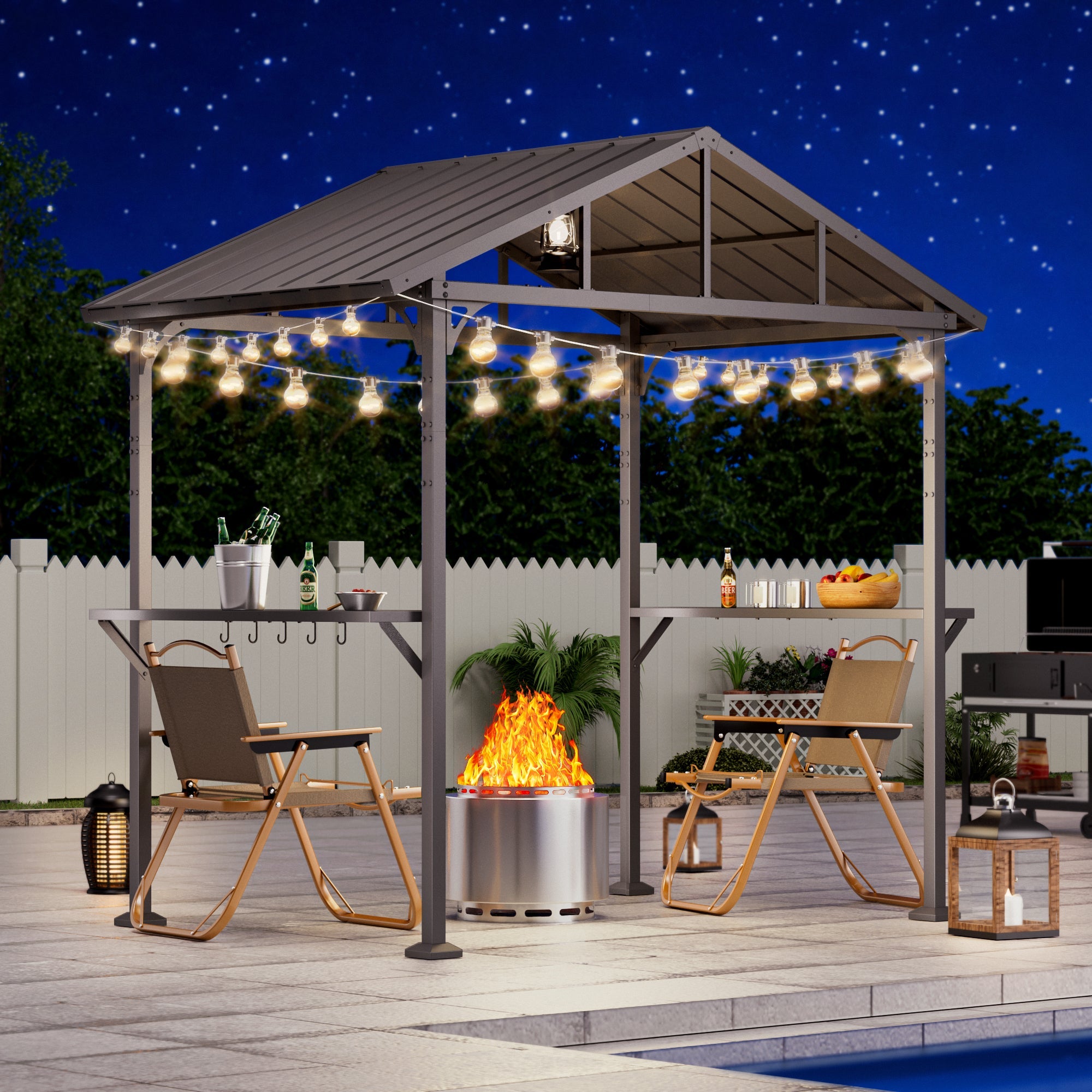 ALAULM 8'x5' Hardtop Grill Gazebo, Outdoor BBQ Canopy with 19" Smokeless Stove, Metal Roof, 2 Side Shelves & 5 Tool Hooks, Fire Pit Includes Waterproof Cover & Fire Poker, for Patio, Black