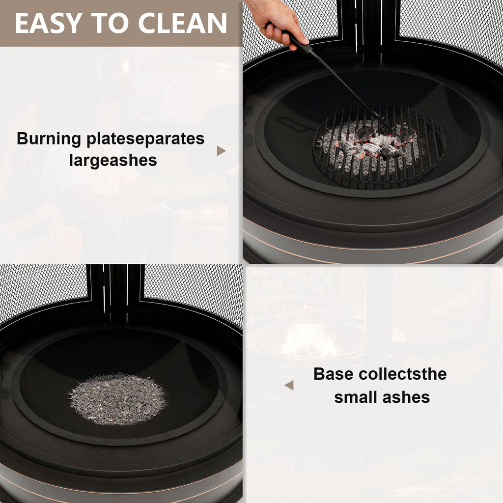 ALAULM Metal Chiminea Fire Pit with Grill, 2 in 1 Firepit with Adjustable Grill Tray & Mesh Spark Screen Door, 3-Door Multi-Access Fireplace for Patio, Garden & Backyard