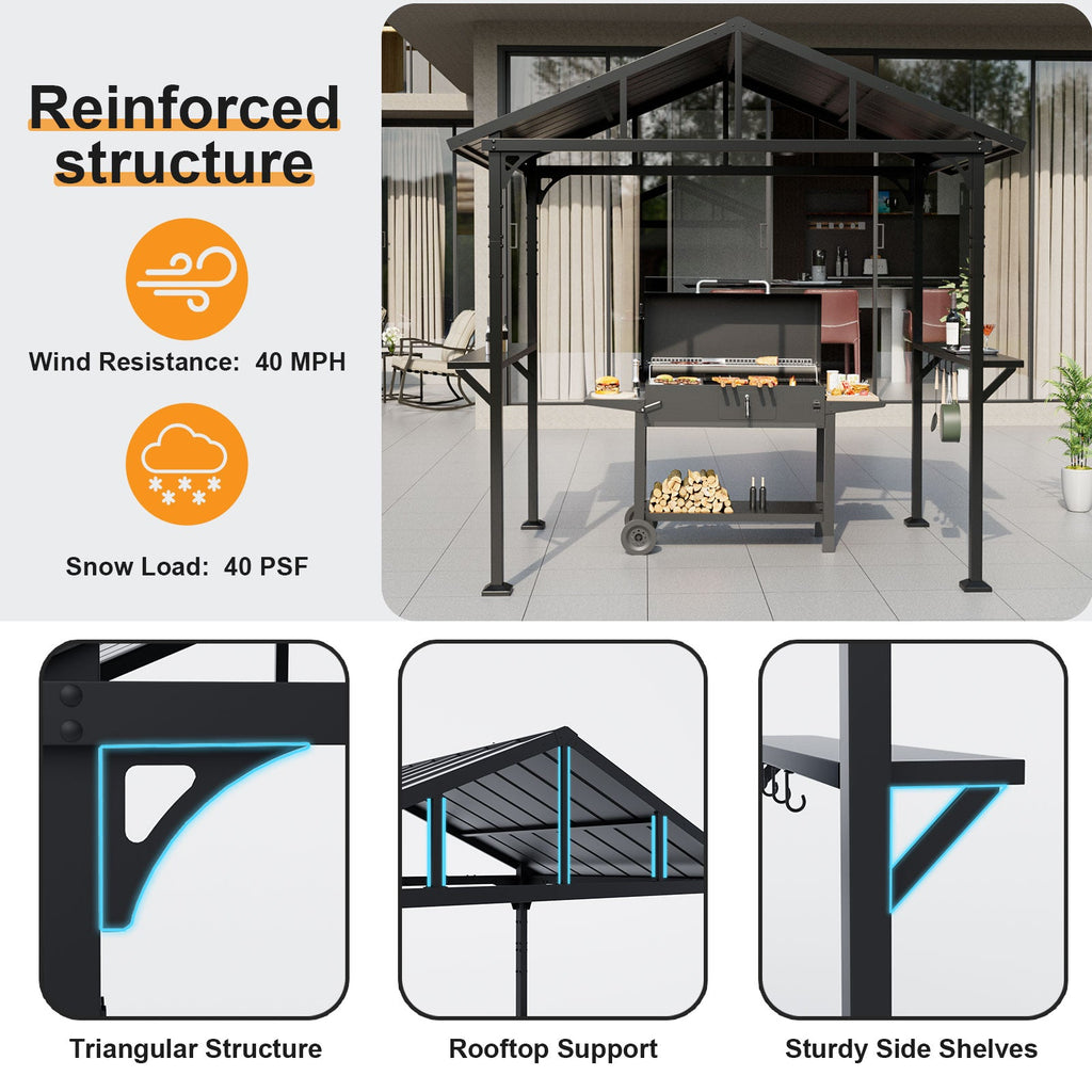 ALAULM 8'x5' Hardtop Grill Gazebo, Outdoor BBQ Canopy with 19" Smokeless Stove, Metal Roof, 2 Side Shelves & 5 Tool Hooks, Fire Pit Includes Waterproof Cover & Fire Poker, for Patio, Black