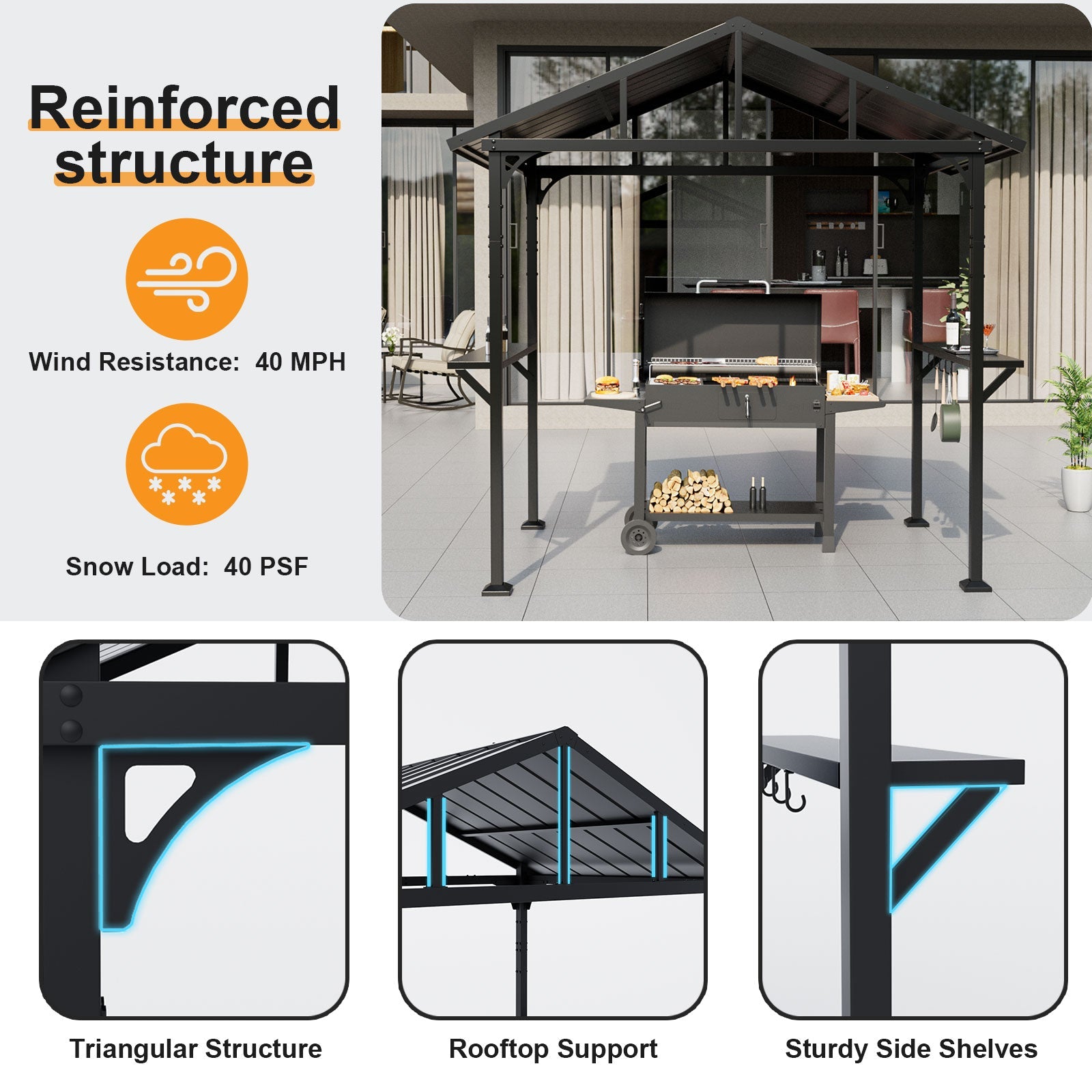 ALAULM 8'x5' Hardtop Grill Gazebo, Outdoor BBQ Canopy with 19" Smokeless Stove, Metal Roof, 2 Side Shelves & 5 Tool Hooks, Fire Pit Includes Waterproof Cover & Fire Poker, for Patio, Black
