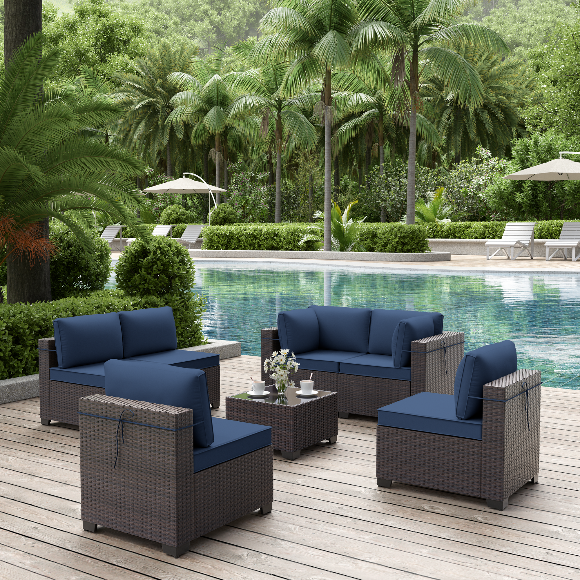 7 Pieces Outdoor Patio Furniture Set,Outdoor Sectional Furniture All Weather PE Rattan Wicker Patio Conversation Set with Coffee Table and 6 Thickened Cushions