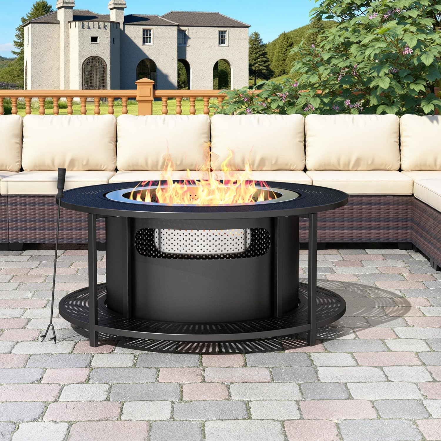 ALAULM 25 Inch Smokeless Fire Pit Tabletop, Stainless Steel Wood Burning Firepit for Outdoor Patio, Includes Weather-Resistant Cover