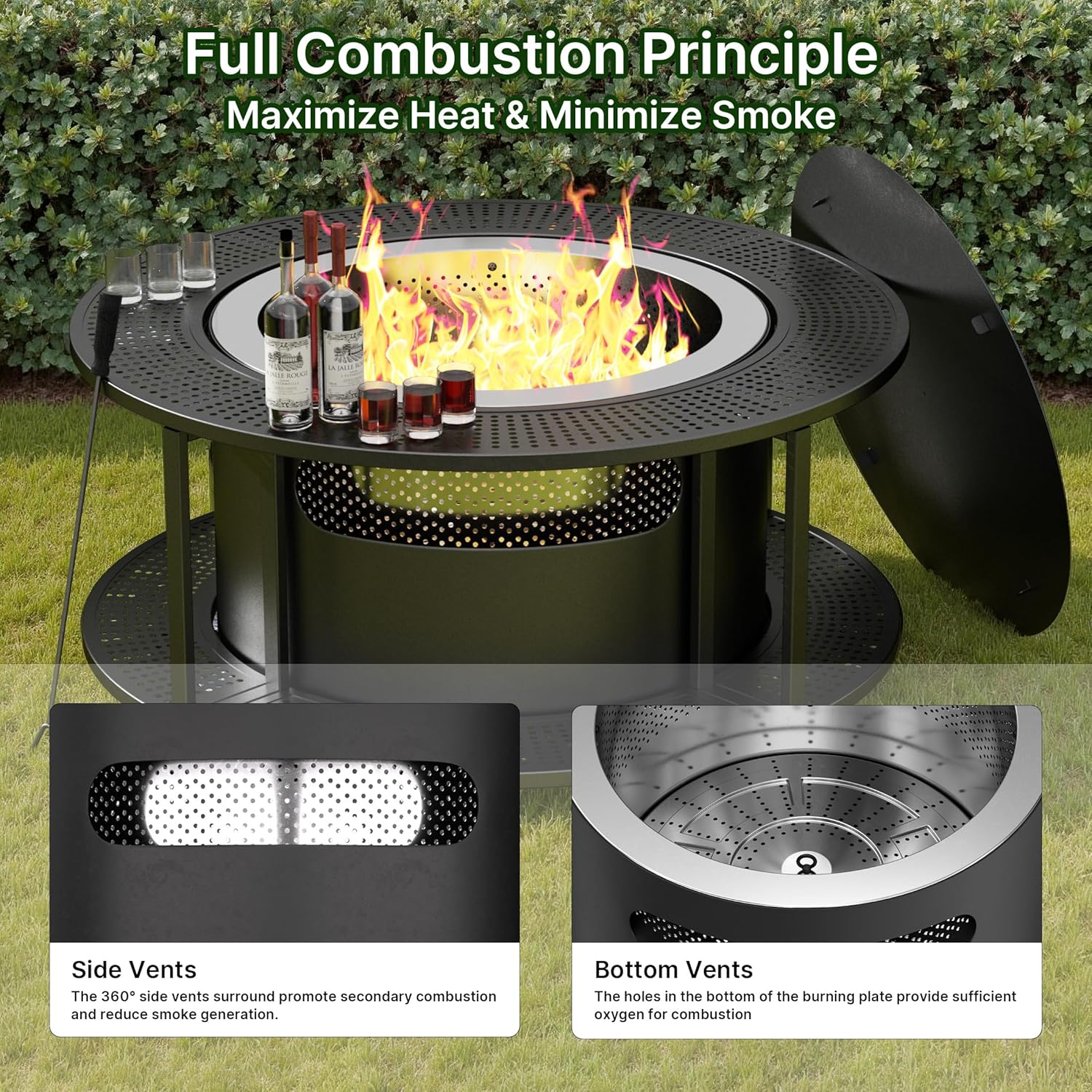 ALAULM 25 Inch Smokeless Fire Pit Tabletop, Stainless Steel Wood Burning Firepit for Outdoor Patio, Includes Weather-Resistant Cover
