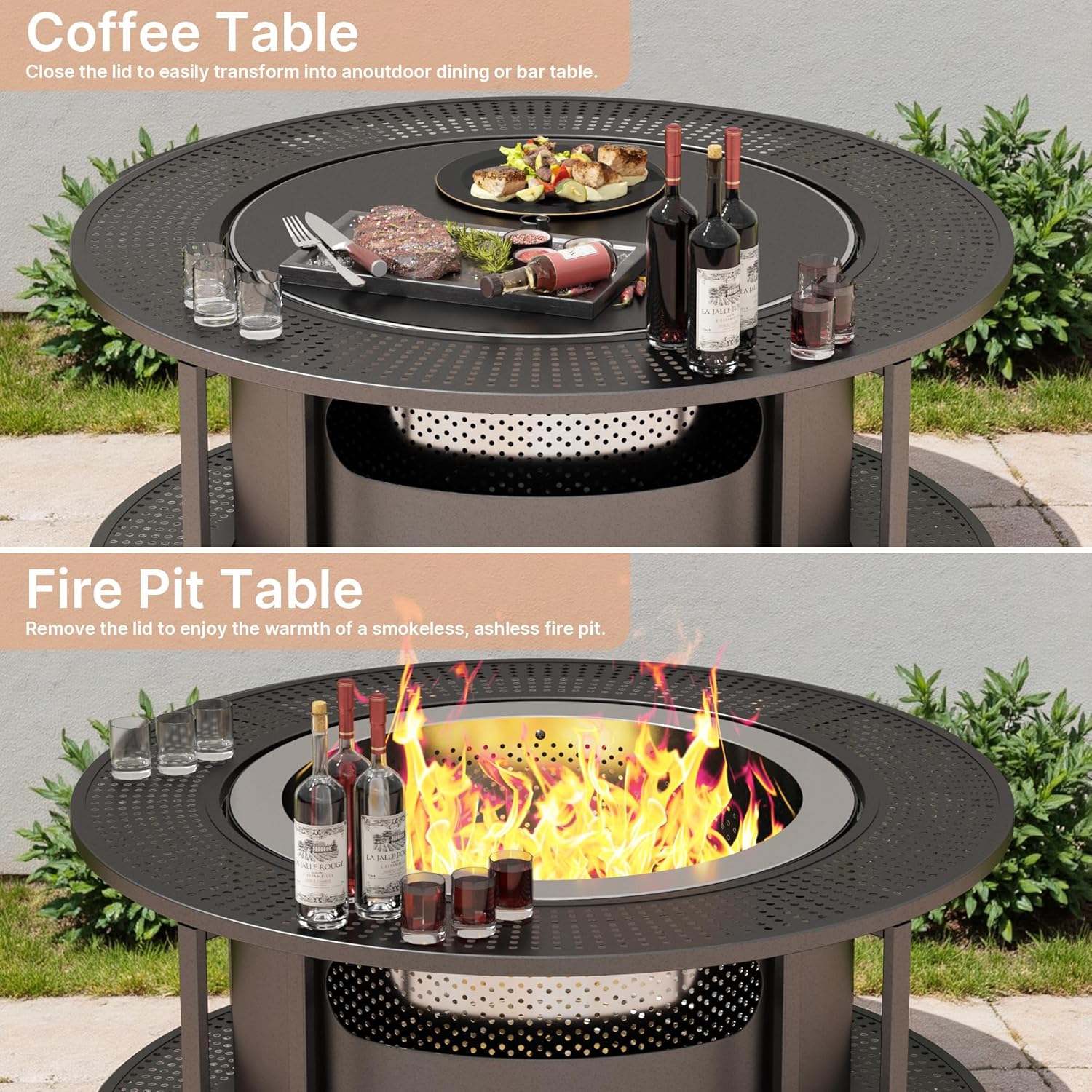 ALAULM 25 Inch Smokeless Fire Pit Tabletop, Stainless Steel Wood Burning Firepit for Outdoor Patio, Includes Weather-Resistant Cover