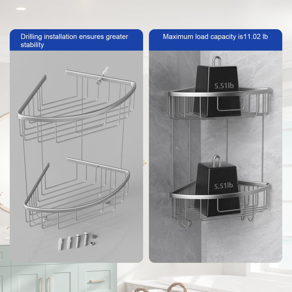 ALAULM Aluminum Alloy Wall-Mounted Shower Corner Rack Triangular Storage Caddy for Bathroom,Matte Silver