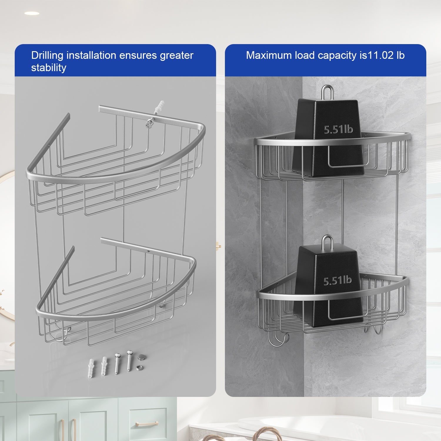 ALAULM Aluminum Alloy Wall-Mounted Shower Corner Rack Triangular Storage Caddy for Bathroom,Matte Silver