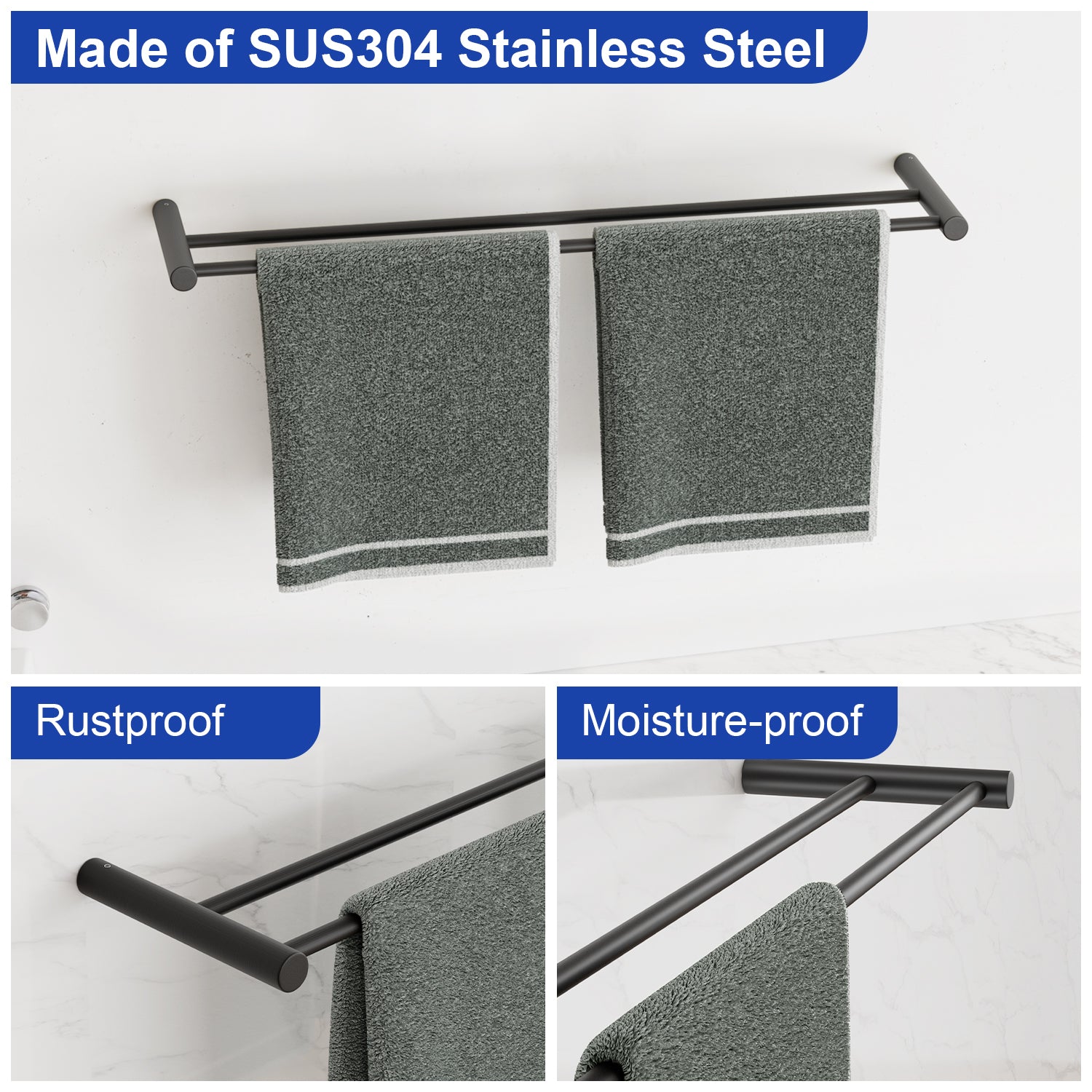 ALAULM Bath Stainless Stee Double Towel Bar, 23" Towel Rack for Bathroom, Wall Mounted Towel Holder, Double Towel Rod Towel Rail Hanger for Wall