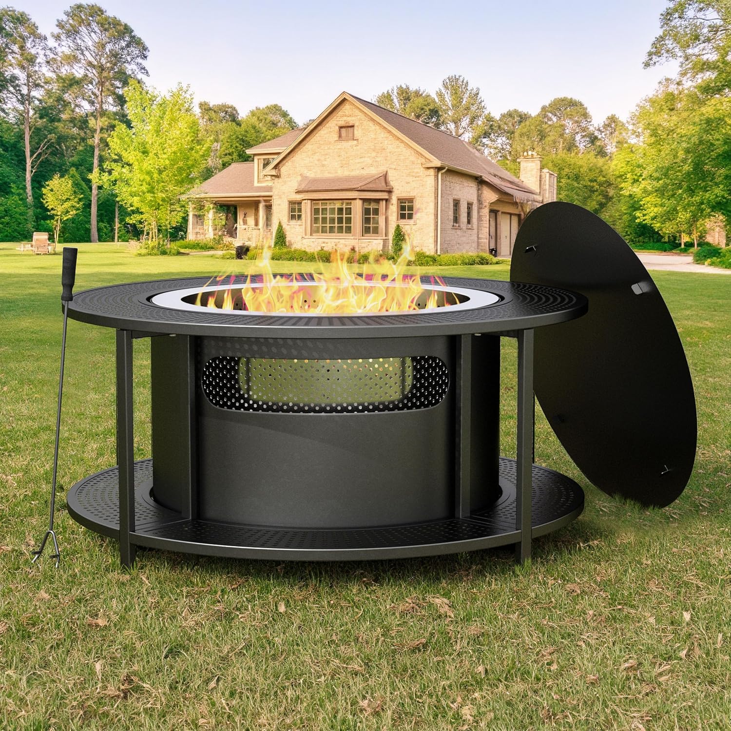 ALAULM 25 Inch Smokeless Fire Pit Tabletop, Stainless Steel Wood Burning Firepit for Outdoor Patio, Includes Weather-Resistant Cover