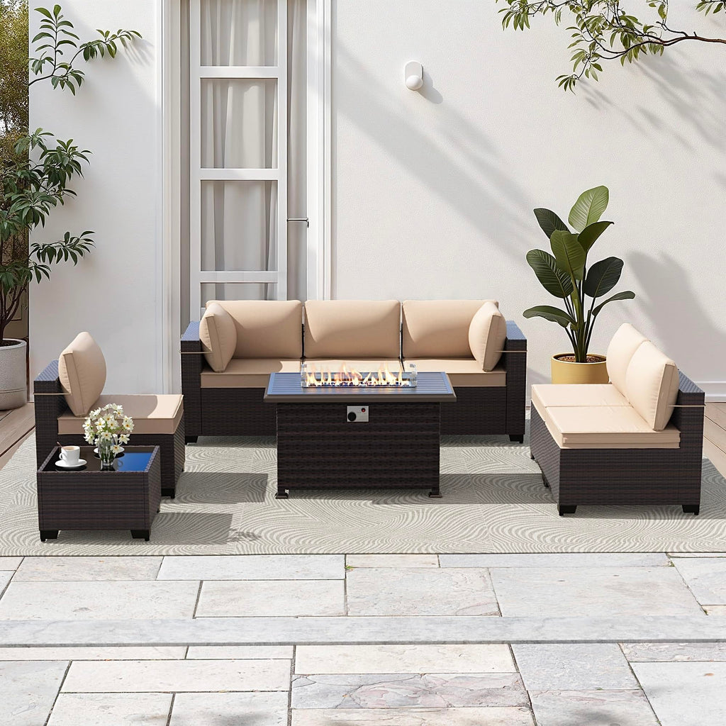 Gotland 8 Pieces Outdoor Patio Furniture Set with 43" Propane Fire Pit Table, PE Rattan Patio Conversation Set