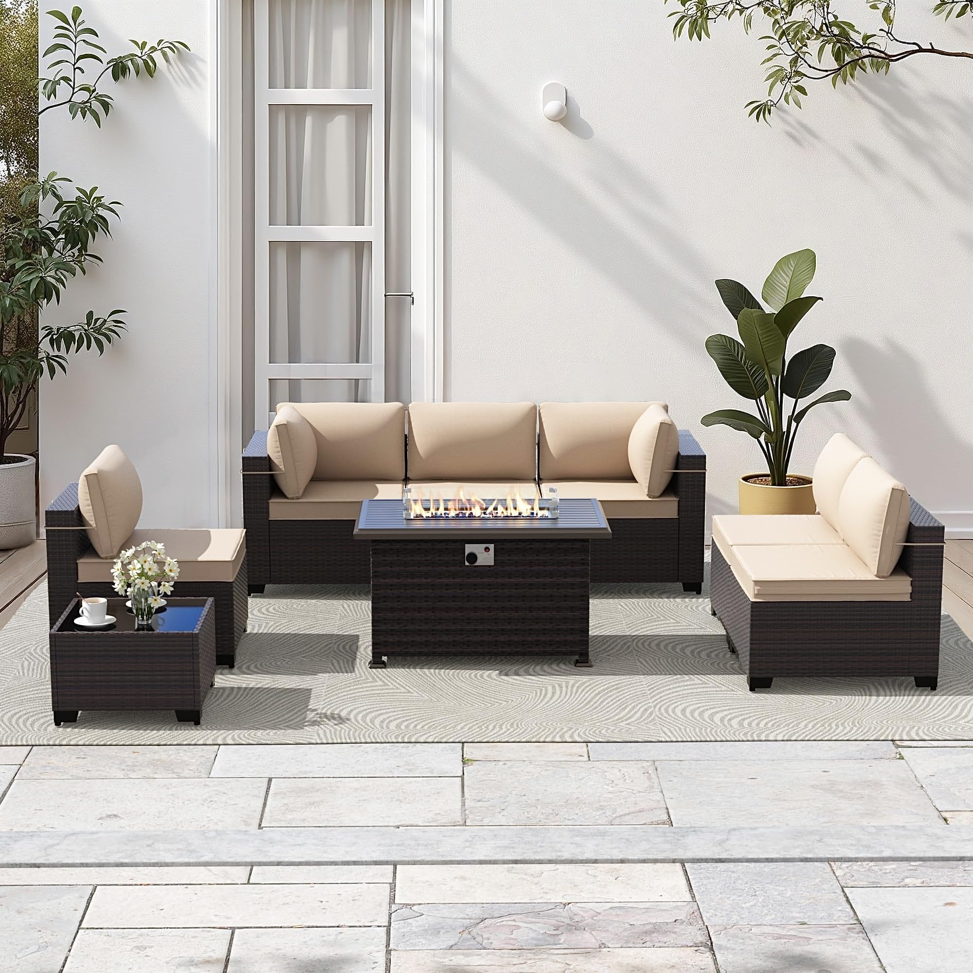 Gotland 8 Pieces Outdoor Patio Furniture Set with 43" Propane Fire Pit Table, PE Rattan Patio Conversation Set