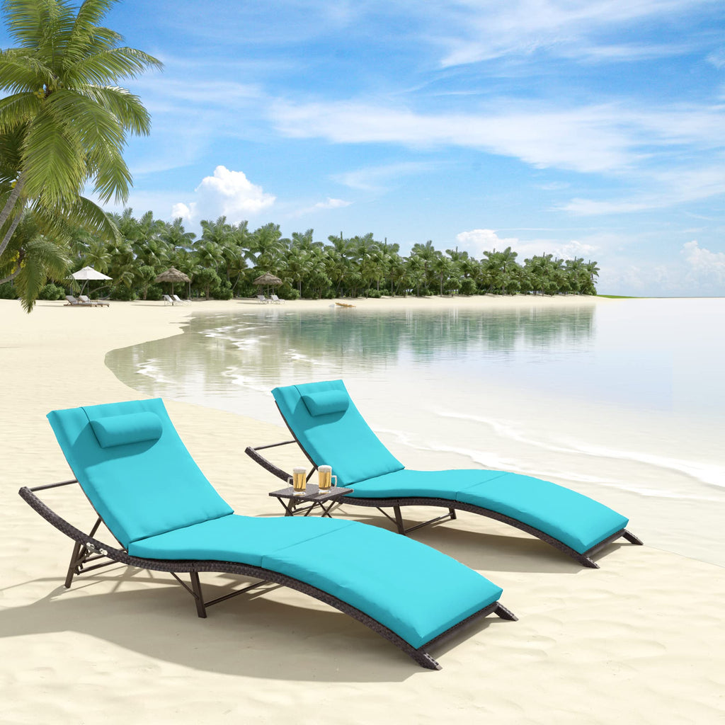 ALAULM 3 Pieces Outdoor Chaise Lounge Set w/Folding Table,Patio Recliner for Beach, Poolside