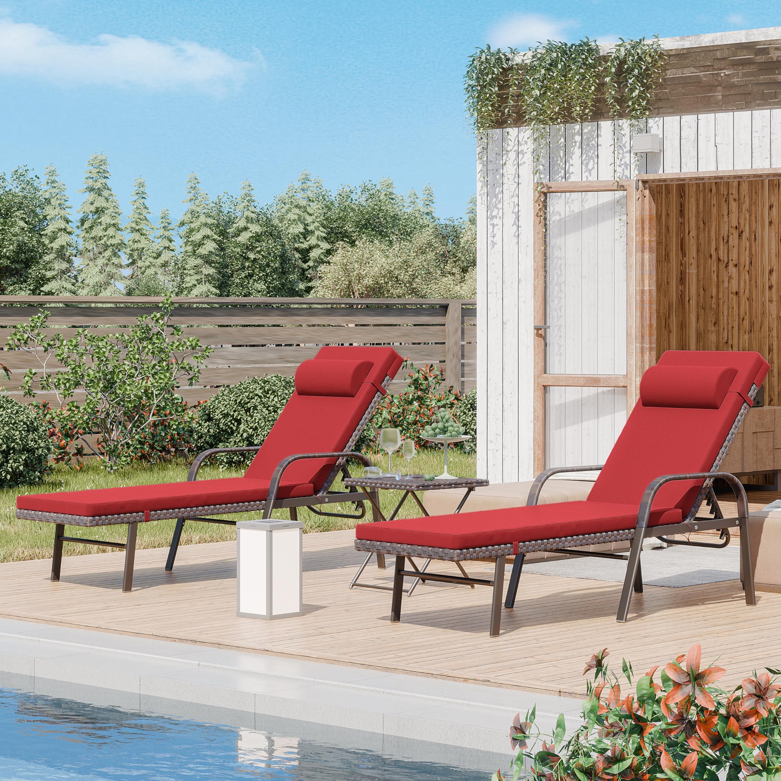 ALAULM 3 Pieces Outdoor Chaise Lounge Set w/Folding Table,Patio Recliner for Beach, Poolside
