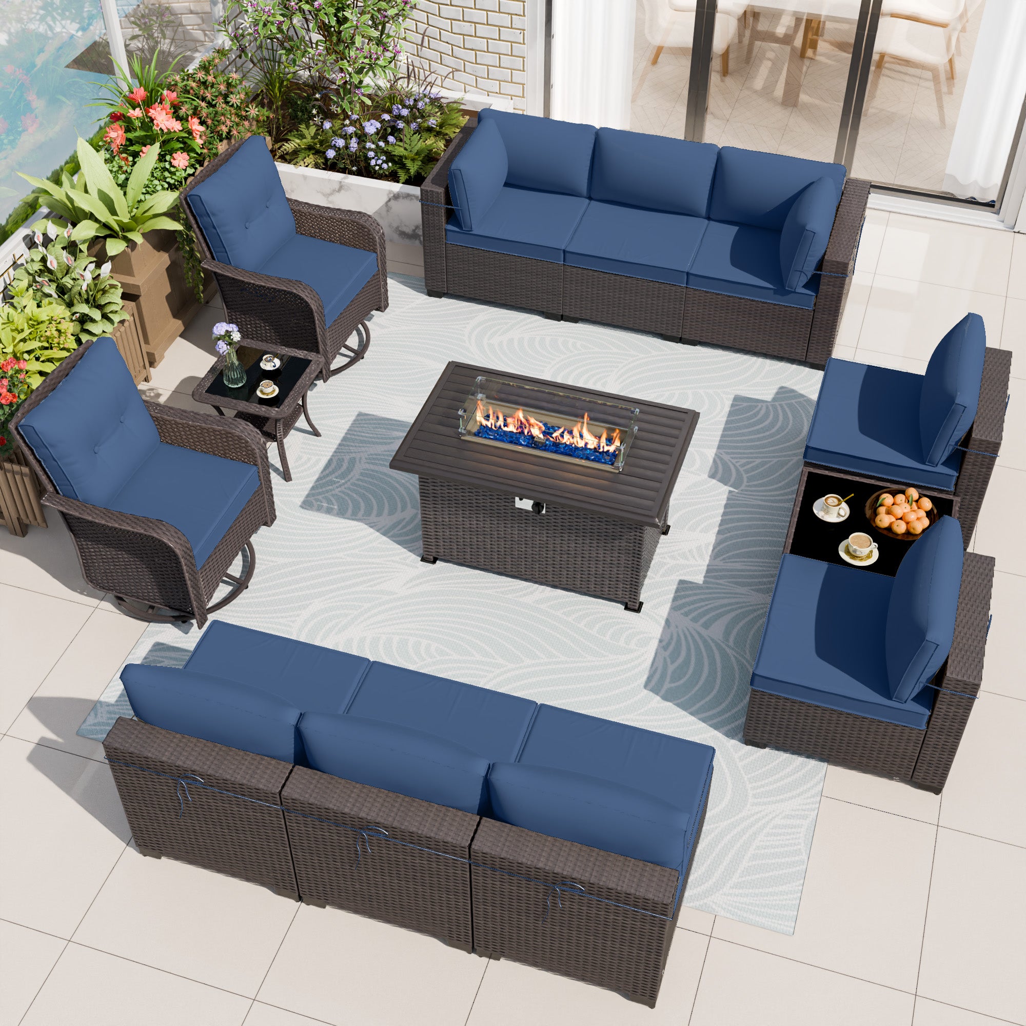 13 Pieces Outdoor Patio Furniture Set,Outdoor Sectional Furniture with 43" 55000 BTU Gas Propane Fire Pit Table,PE Rattan Wicker Patio Conversation Set,Swivel Rocking Chairs Set