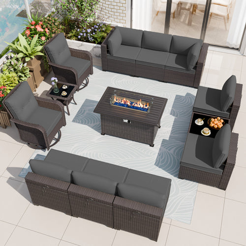 13 Pieces Outdoor Patio Furniture Set,Outdoor Sectional Furniture with 43" 55000 BTU Gas Propane Fire Pit Table,PE Rattan Wicker Patio Conversation Set,Swivel Rocking Chairs Set