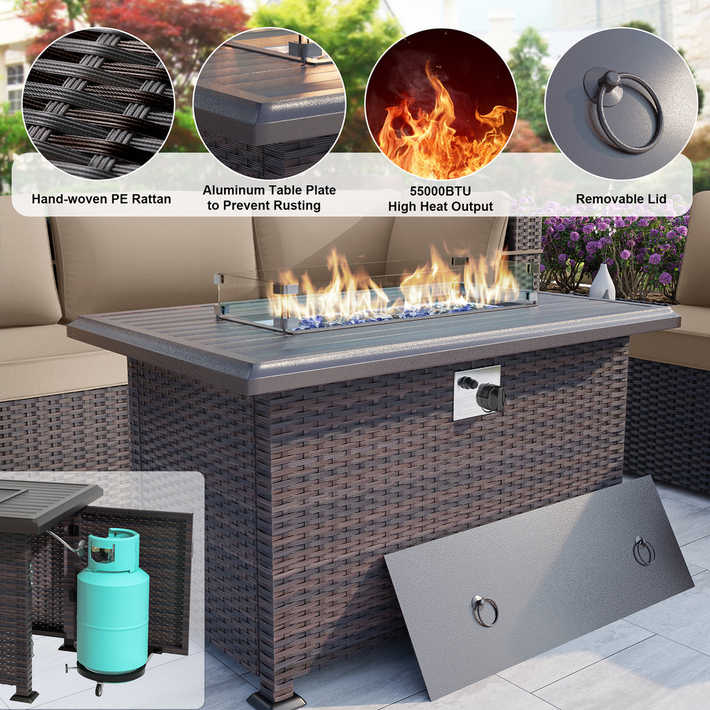 13 Pieces Outdoor Patio Furniture Set,Outdoor Sectional Furniture with 43" 55000 BTU Gas Propane Fire Pit Table,PE Rattan Wicker Patio Conversation Set,Swivel Rocking Chairs Set
