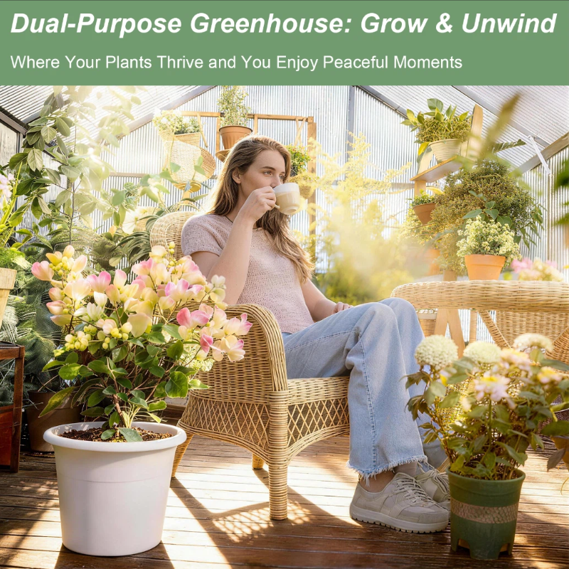 ALAULM Outdoor Polycarbonate Greenhouse with Aluminium Frame, Walk-in Greenhouse with Drainage Channel, 2 Adjustable Roof Vents, Lockable Double Doors for Garden Backyard Patio Lawn