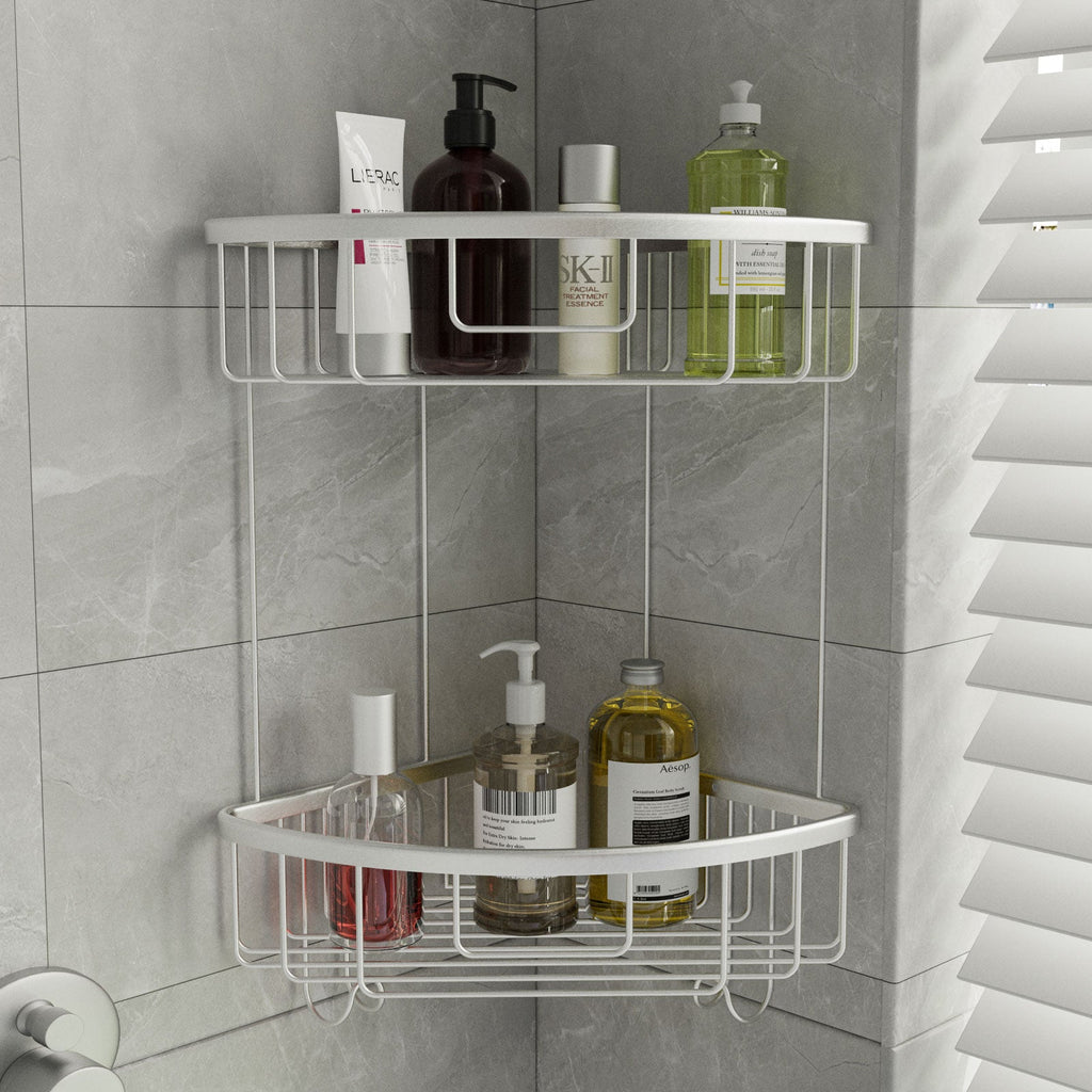 ALAULM Aluminum Alloy Wall-Mounted Shower Corner Rack Triangular Storage Caddy for Bathroom,Matte Silver