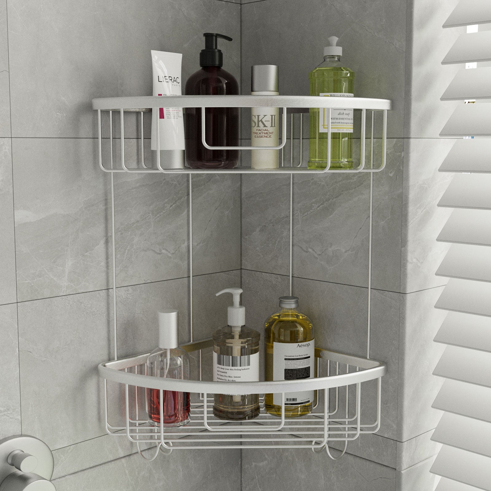 ALAULM Aluminum Alloy Wall-Mounted Shower Corner Rack Triangular Storage Caddy for Bathroom,Matte Silver