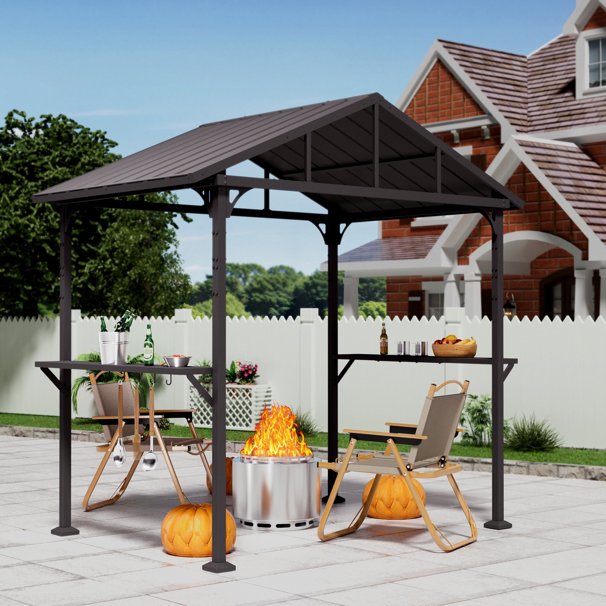 ALAULM 8'x5' Hardtop Grill Gazebo, Outdoor BBQ Canopy with 19" Smokeless Stove, Metal Roof, 2 Side Shelves & 5 Tool Hooks, Fire Pit Includes Waterproof Cover & Fire Poker, for Patio, Black