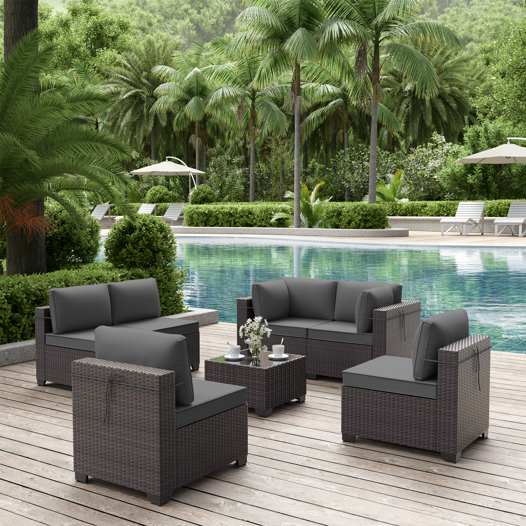 7 Pieces Outdoor Patio Furniture Set,Outdoor Sectional Furniture All Weather PE Rattan Wicker Patio Conversation Set with Coffee Table and 6 Thickened Cushions