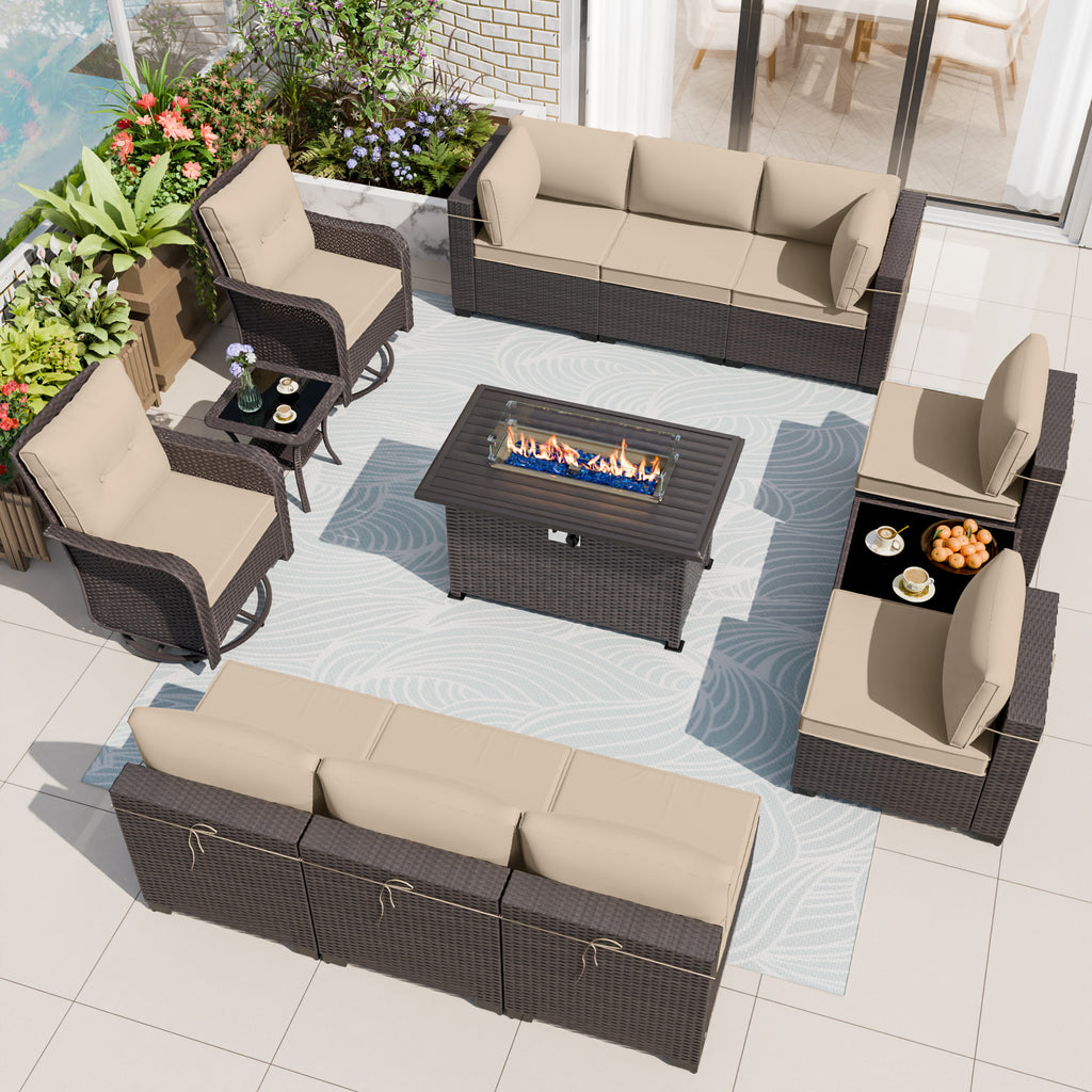 13 Pieces Outdoor Patio Furniture Set,Outdoor Sectional Furniture with 43" 55000 BTU Gas Propane Fire Pit Table,PE Rattan Wicker Patio Conversation Set,Swivel Rocking Chairs Set