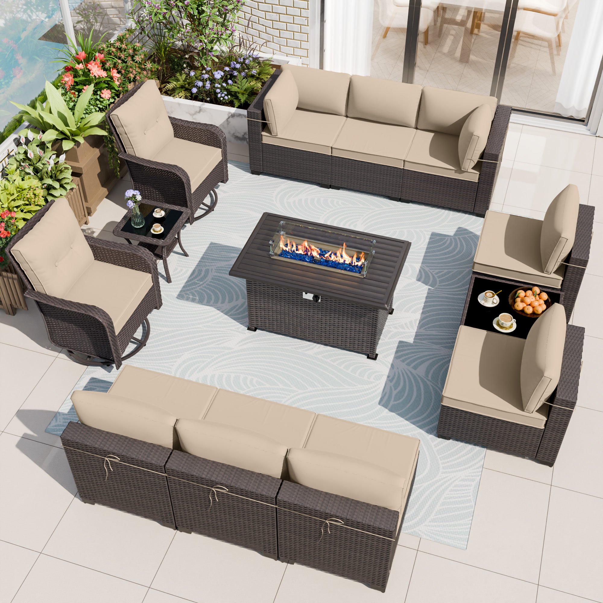 13 Pieces Outdoor Patio Furniture Set,Outdoor Sectional Furniture with 43" 55000 BTU Gas Propane Fire Pit Table,PE Rattan Wicker Patio Conversation Set,Swivel Rocking Chairs Set