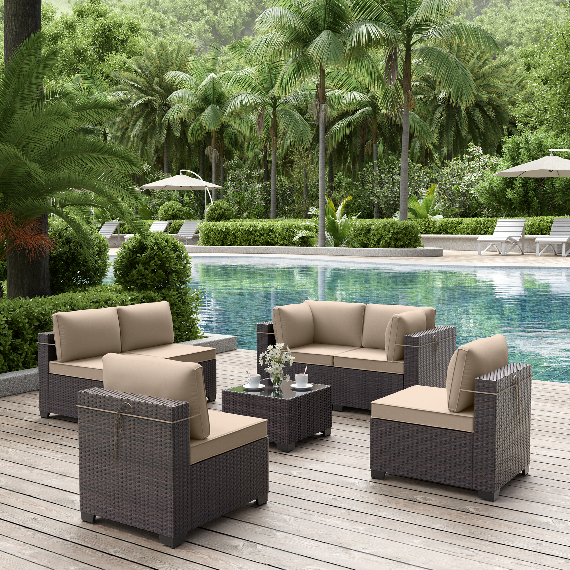 7 Pieces Outdoor Patio Furniture Set,Outdoor Sectional Furniture All Weather PE Rattan Wicker Patio Conversation Set with Coffee Table and 6 Thickened Cushions