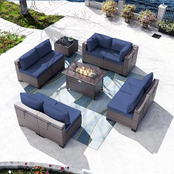Gotland Outdoor Patio PE Rattan Wicker Furniture Set with 43" Propane Fire Pit Table 10 Pieces Steel