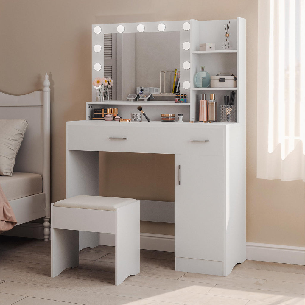 ALAULM 39.4" Vanity Mirror with Lights,Modern Lighted Vanity Table with 3 Drawers & 3 Storage Shelves,with White Vanity Chair,Three Adjustable Lighting Modes,Bedroom Vanity Desk,White