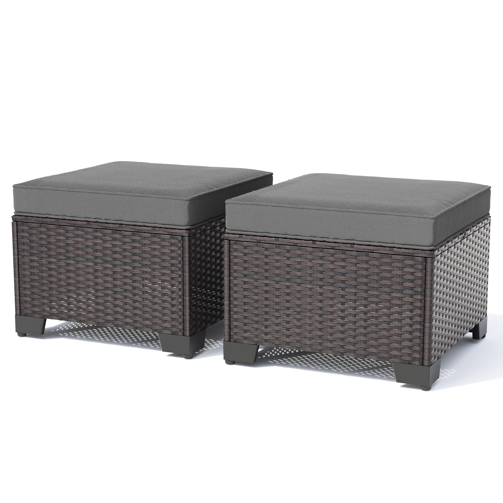 Gotland 2 Pieces All Weather PE Rattan Outdoor Ottoman Foot Stool with Thick Removable Navy Cushion for Backyard, Deck, Porch & Poolside