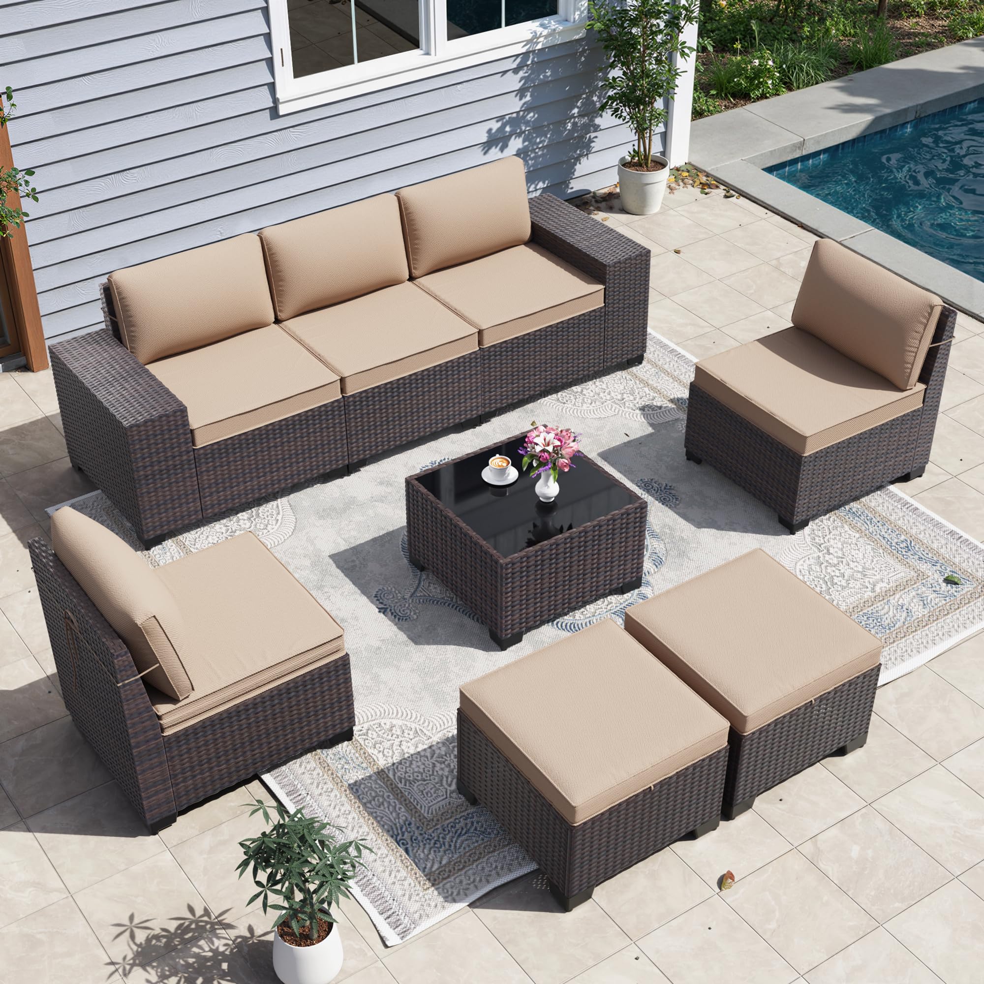 Gotland 8PCS Outdoor Patio Furniture Set, Outdoor Sectional Furniture All Weather PE Rattan Wicker Patio Conversation Set with 2 Ottomans and Coffee Table