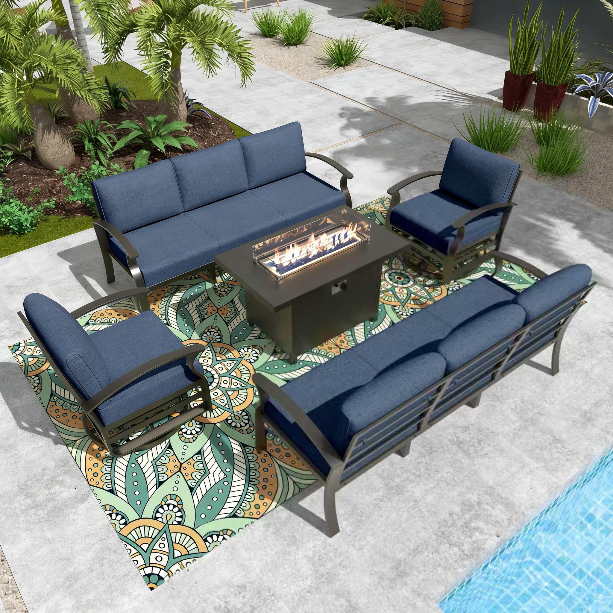 Gotland 8 Seats Outdoor Metal Patio Furniture Set with 2 Swivel Rocking Chairs&55,000 BTU Gas Fire Pit Table w/Glass Wind Guard Patio Conversation Sectional Sofa Sets