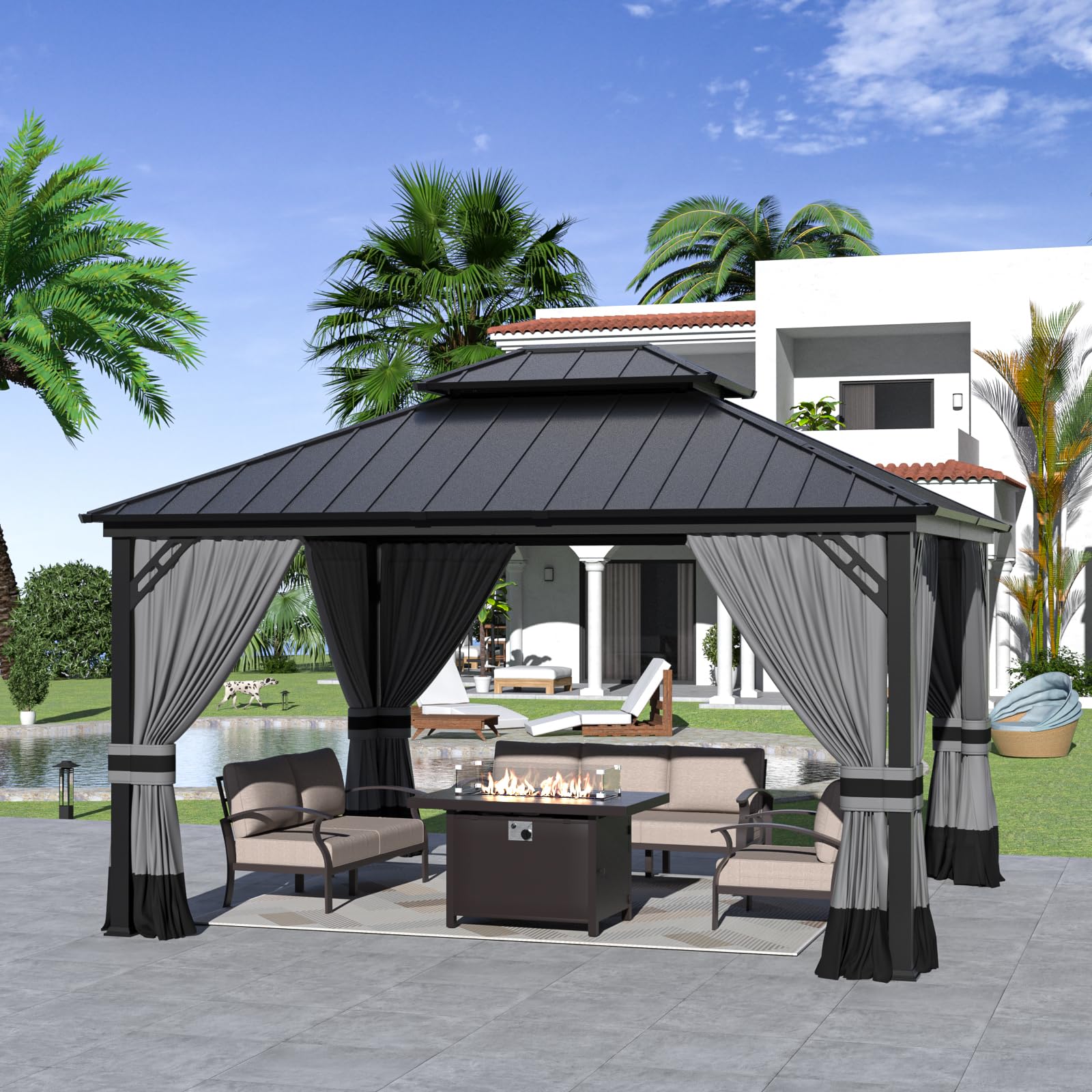 Gotland 12' x 14' Hardtop Gazebo, Outdoor Galvanized Steel Double-Roof Gazebo with Curtains and Netting for Patios, Gardens, and Lawns