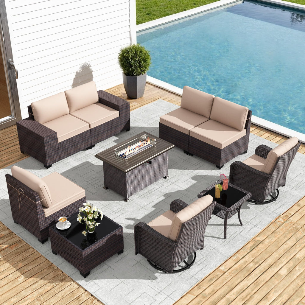 Gotland 10PCS Outdoor PE Rattan Wicker Patio Furniture Set with 43" Fire Pit Table & Swivel Rocking Chairs Set