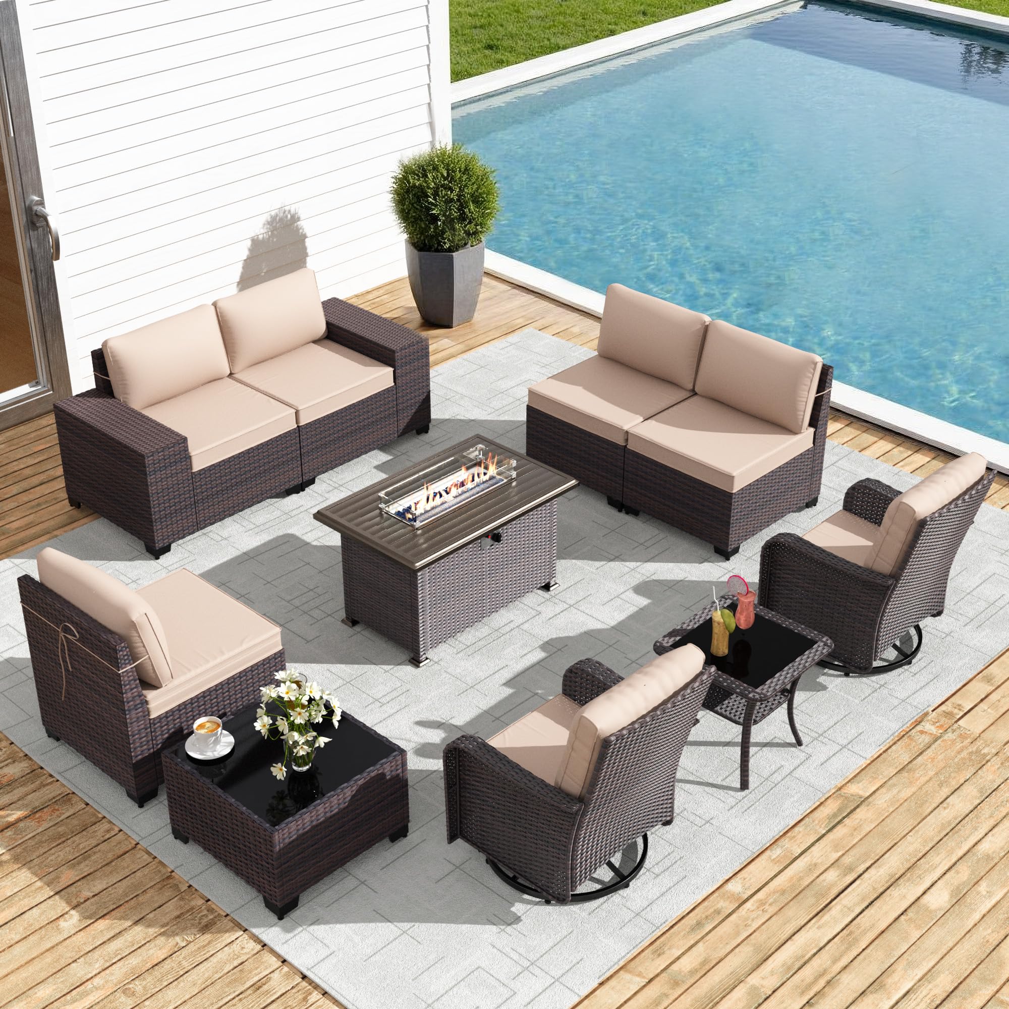 Gotland 10PCS Outdoor PE Rattan Wicker Patio Furniture Set with 43" Fire Pit Table & Swivel Rocking Chairs Set